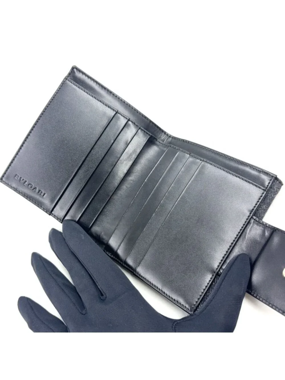 Bvlgari Lettere Logo Mania Leather Denim Navy Black Bifold Wallet Silver